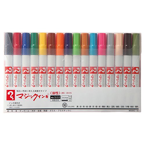 16色セット 【16色】黒・赤・青・緑・黄・茶・橙・紫・黄緑・黄土・空・桃・灰・うす橙・焦茶・鶯 【マジックインキ】どんなものにも書ける魔法のインキ／油性染料 【線幅】1mm*1.5mm／細書き用（N