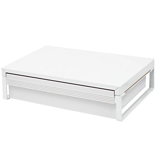 390mm 白 【商品】モニター台として人気の590ｍｍ幅机上台引出し付と同じ高さの100ｍｍタイプ。 【寸法】幅39cm*奥行25cm*高さ10cm 重さ2kg【引出し有効内寸】幅33.5cm*奥行