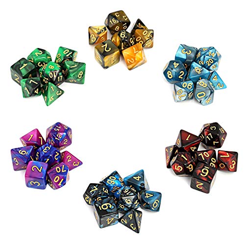6色 「6色ダイス42個セット」6組*7個ダイスセットです。多面体D20、D12、D10、D8、D6、D4が揃っております。見やすい数字を付けることで、色分け混合を防ぐことができます。 「かっこいい配