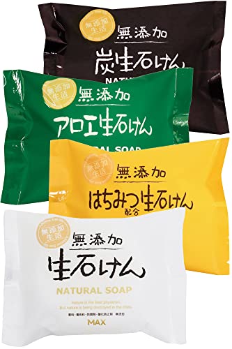 【無添加生活 生石けんシリーズ】生石けん80g*1個、炭生石けん80g*1個、はちみつ配合生石けん80g*1個、アロエ生石けん80g*1個 製造国：日本製 [香料、着色料、防腐剤、酸化防止剤 不使用]