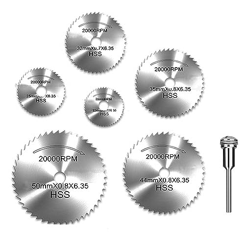 カラー：シルバー サイズ（約）：シャフト軸径：3.175mm/刃外径：22・25・32mm・35mm・44mm・50mm/穴径：6.35mm/厚さ：0.8mm パッケージ内容：のこ刃 6枚*シャフト付
