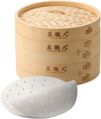 業務用厨房機器 ハイスト 蒸職人 竹セイロ 2段（本体2個蓋1個） 業務用 せいろ蒸し器 蒸し器専用シート20枚付 (蒸職人・竹24cm)