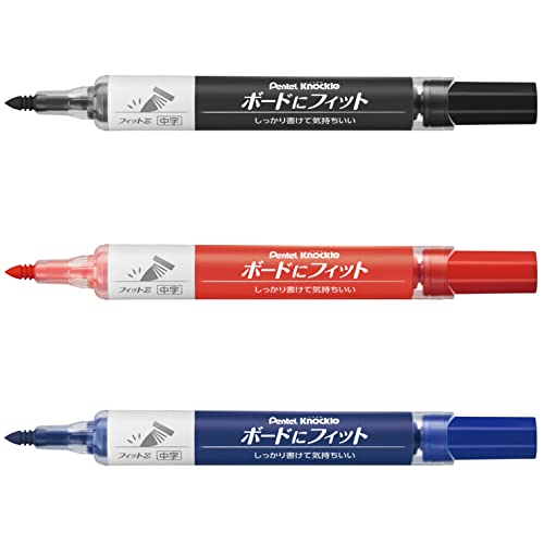 【特長】ペン先がボードにしっかりフィットする 安定して書けるホワイトボードマーカー 【セット内容】フィット芯中字 インキ黒、赤、青3本 【筆記線幅】2.3*4.5mm 【1本あたりサイズ/重さ】幅 1