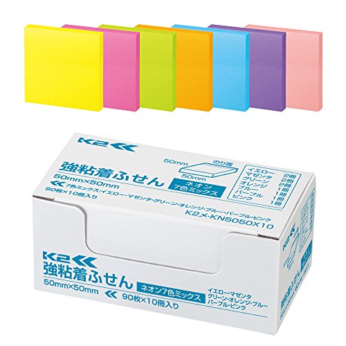 しっかり貼れる強粘着タイプの付箋 【種類】 正方形ミニサイズ ネオンカラー7色ミックス 【カラー】 イエロー・マゼンタ・グリーン:各2冊、オレンジ・ブルー・パープル・ピンク:各1冊 【寸法】 50*5