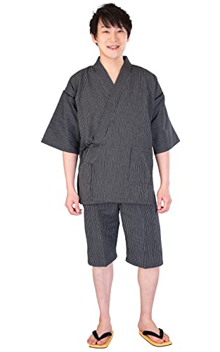 ブラック ＬＬ 素材構成: 100% 綿 太い縞と細い縞を組み合わせた子持ち縞がカッコいい甚平です。 独特のシボを出したしじら織の生地は肌への接地面が少なく、サラッとしていてベタつきません。 綿100