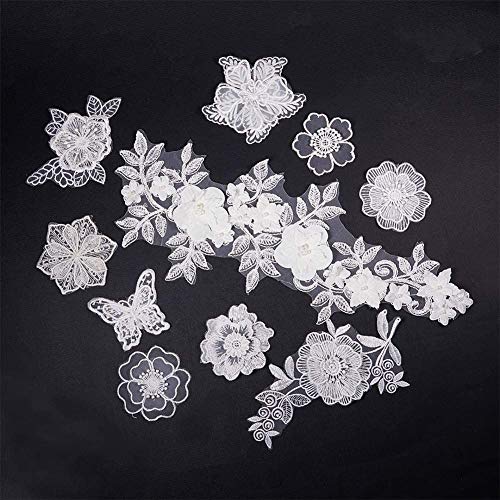 ホワイト 約10個/セット 素材：ポリエステル製の高品質の刺繍花レースて、手芸の初心者のみならず、手芸の専門家にも大変おすすめです。 サイズ：花：71x71mm、1個;葉付き花：132x360mm、1
