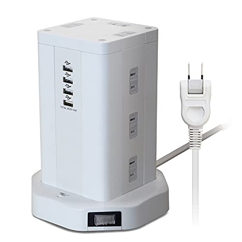 差込口12口とUSBポート4口の最大16製品接続可能なタワー型のUSB電源タップです。 4ポート合計4.8AのUSBポートを搭載し、AC充電器を用意することなくスマートフォンやタブレットを充電できます