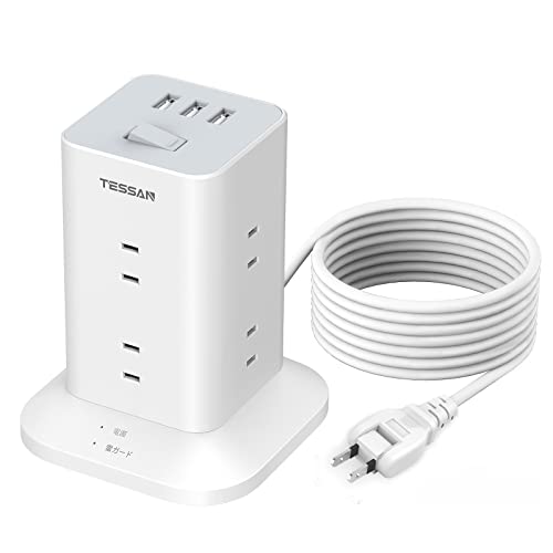 グレー 5m & usb-a 【タワー電源タップmini型】この電源タップは日本のために研究し、設計されていて、一般的なコンセントよりも小型でコンパクトです（本体サイズ：僅か10x10x12.